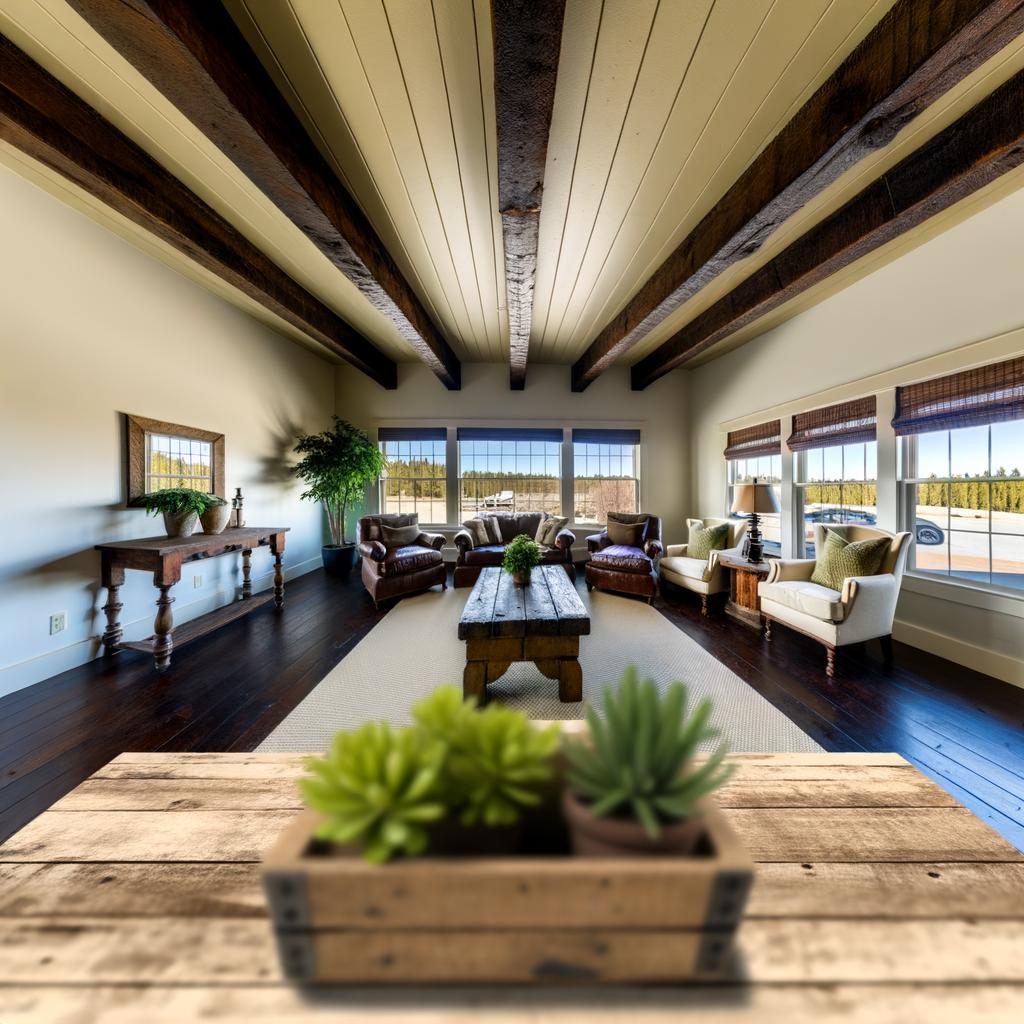 high ceiling living room wide angle farm house exposed beams
